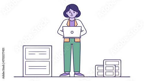 Woman in green pants orange jacket holding laptop near filing cabinet buildings female