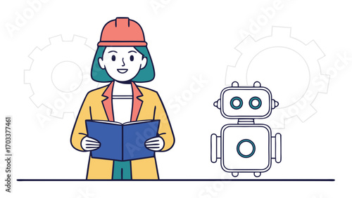 Woman in hard hat holding book next to simple robot gears entrepreneur