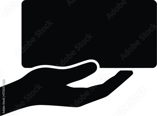 Black silhouette of a hand holding a blank rectangular card, isolated on transparent background