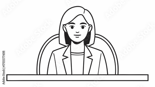 Woman in suit sitting at desk in minimalist listening