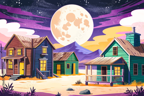 Abandoned western ghost town under full moon background, dusty wooden houses and eerie silence at night