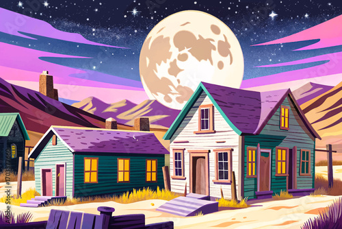 Abandoned western ghost town under full moon, dusty wooden houses and eerie silence at night