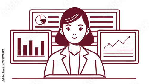Woman in suit with charts graphs screens business