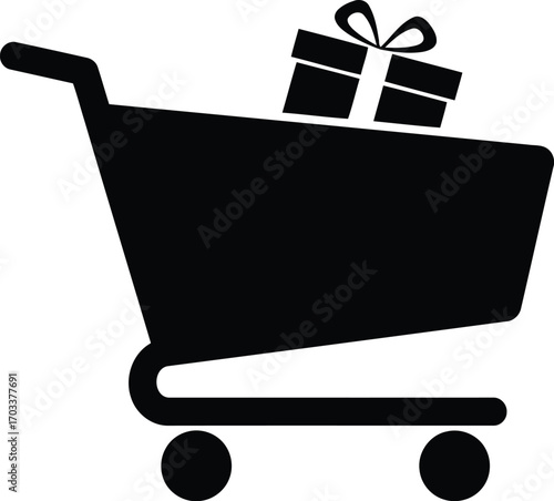 Black silhouette of a shopping cart with a gift box, isolated on transparent background