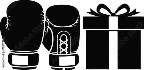 Pair of boxing gloves next to a gift box, symbolizing a surprise or reward in sports isolated on transparent background