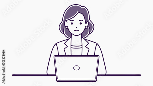 Young woman in purple jacket using laptop at desk flat female business