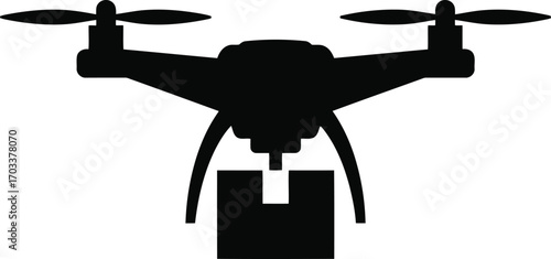 Black silhouette of a drone carrying a package isolated on transparent background