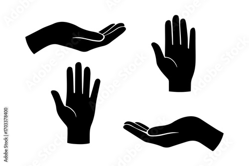 Hand silhouette set with open palm and raised fingers for help and care. Minimal black hand silhouette icons for charity and support with copy space. Clean vector design for web and print.