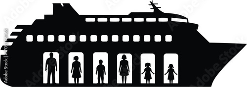 Silhouette of a cruise ship with people visible inside its windows, isolated on transparent background