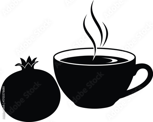 Black silhouette of a whole pomegranate next to a steaming cup of coffee, isolated on transparent background