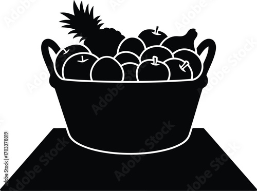 A black silhouette of a fruit basket filled with various fruits, including a pineapple, apples, and oranges, isolated on a transparent background