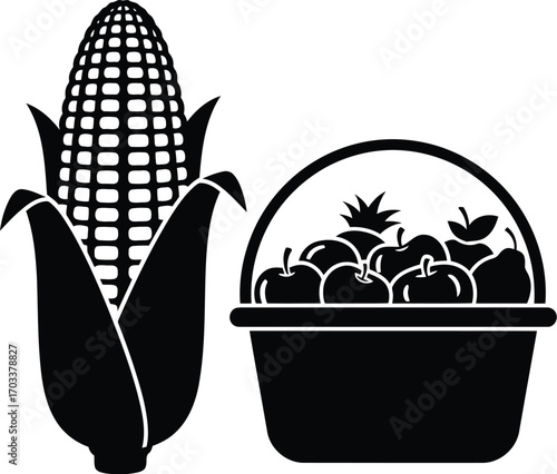A black silhouette of a corn cob next to a basket filled with apples and pears, isolated on a transparent background