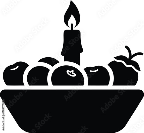A black silhouette of a fruit bowl with apples and a tomato, topped with a lit candle, isolated on a transparent background