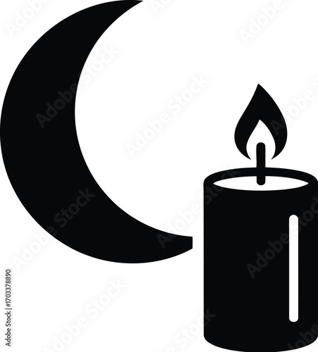 Black silhouette of a crescent moon next to a lit candle with a flame, isolated on a transparent background, representing night and light