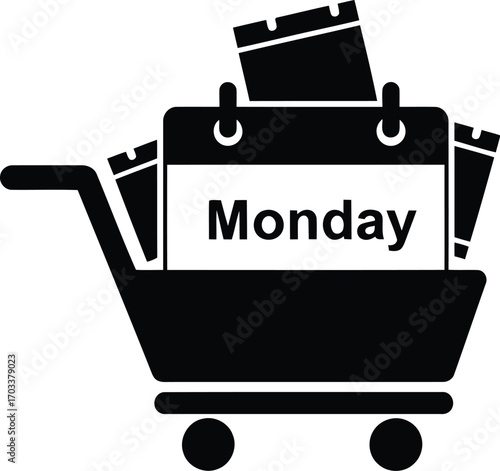 Black silhouette of a shopping cart with a calendar showing monday inside isolated on transparent background