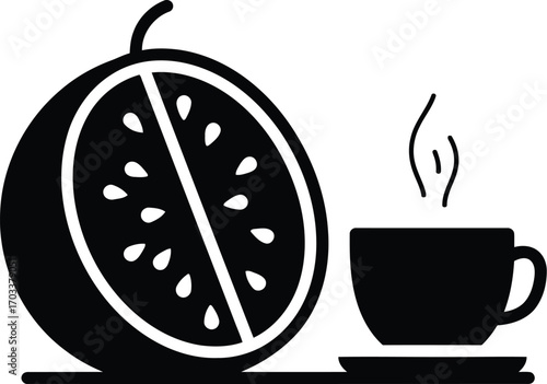 A stylized black and white illustration of a sliced citrus fruit next to a steaming cup of coffee, isolated on a transparent background