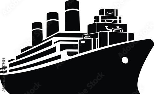 A black and white silhouette of a large passenger cruise ship with multiple decks and smokestacks, isolated on a transparent background