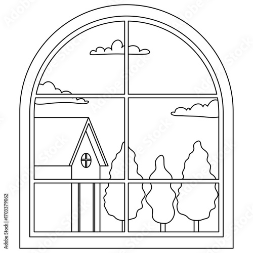 glass window with curtains on a landscape background. Outside the window there are branches of a tree with leaves. Vector illustration