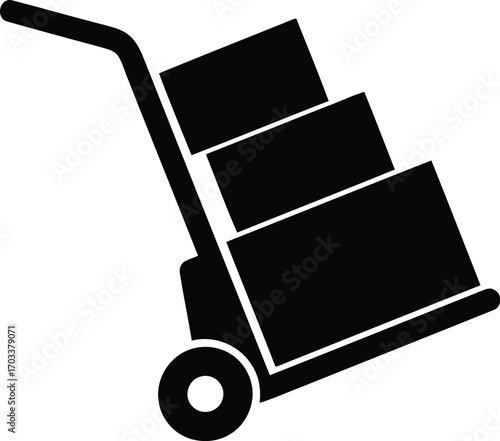 Black silhouette of a hand truck loaded with stacked boxes, isolated on a transparent background, representing logistics and delivery services