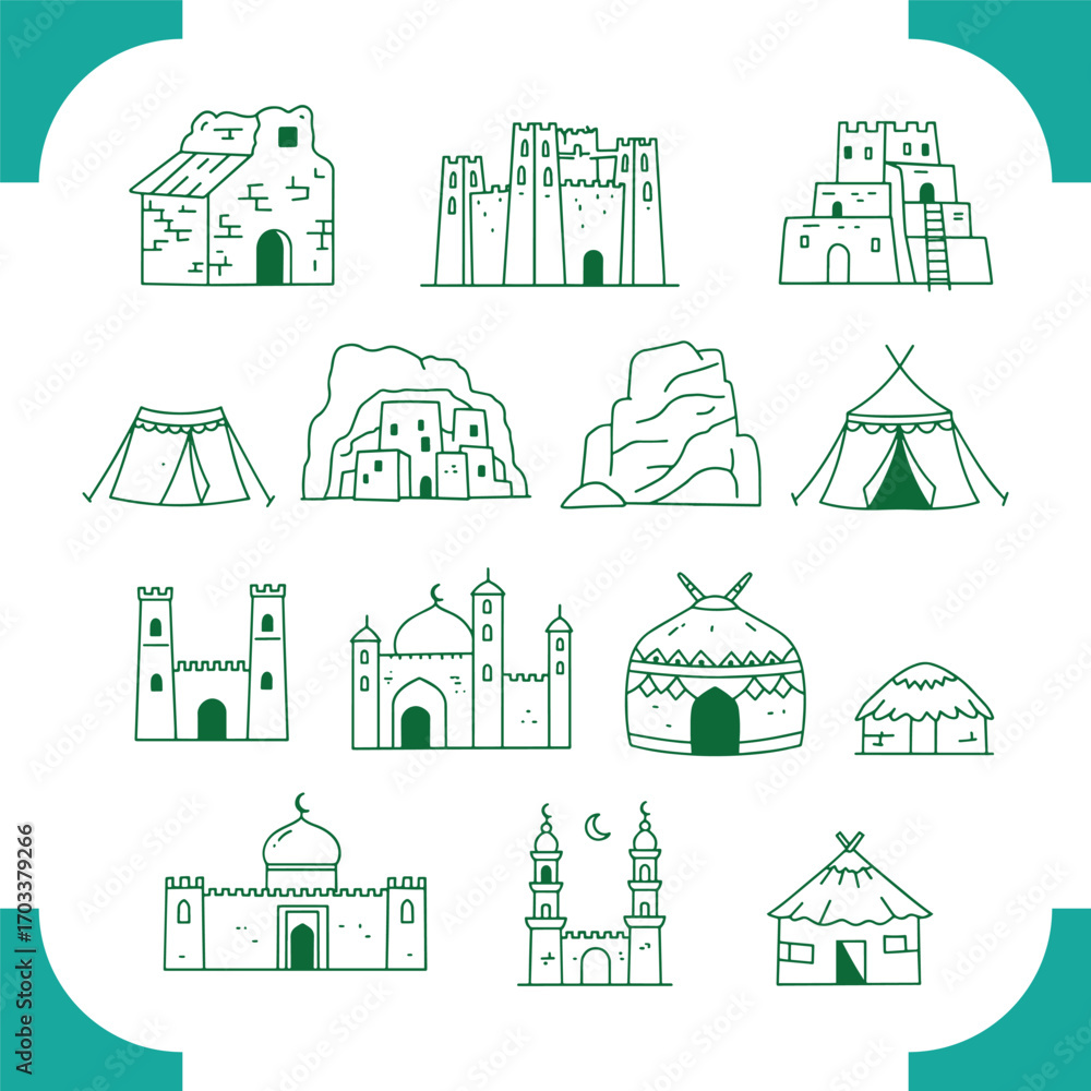 Fototapeta premium Collection of Ancient Structures and Dwellings.