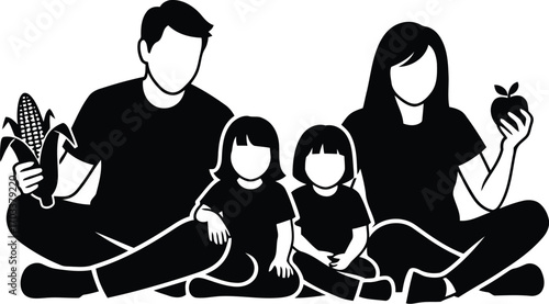 Black and white silhouette of a family sitting together, with the parents holding a corn cob and an apple, representing healthy eating and family bonding, isolated on transparent background