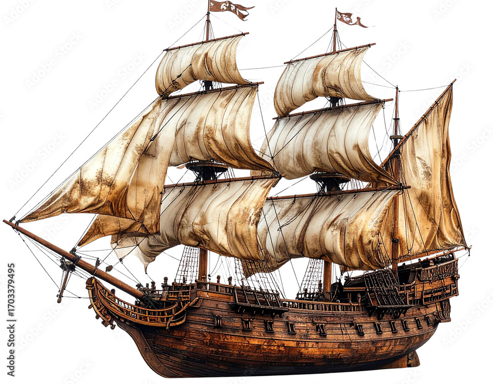 Naklejka premium Vintage Wooden Pirate Ship with Billowing Sails, Side View, Isolated