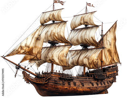 Vintage Wooden Pirate Ship with Billowing Sails, Side View, Isolated