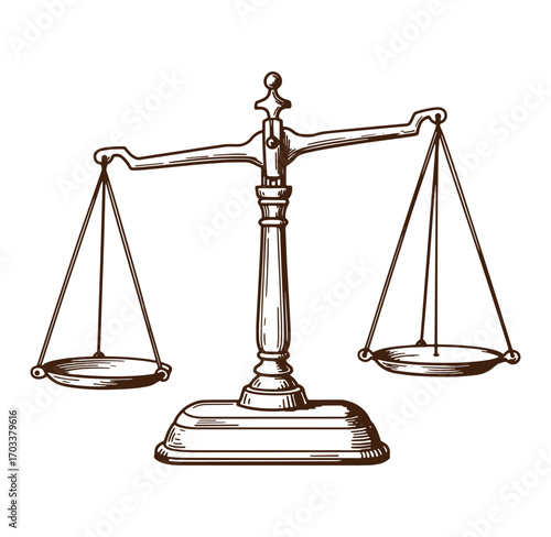 Illustration of a hand drawn antique balance scale representing justice and legal matters