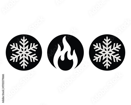 Three oval shapes with contrasting icons of snowflakes and flames on black background