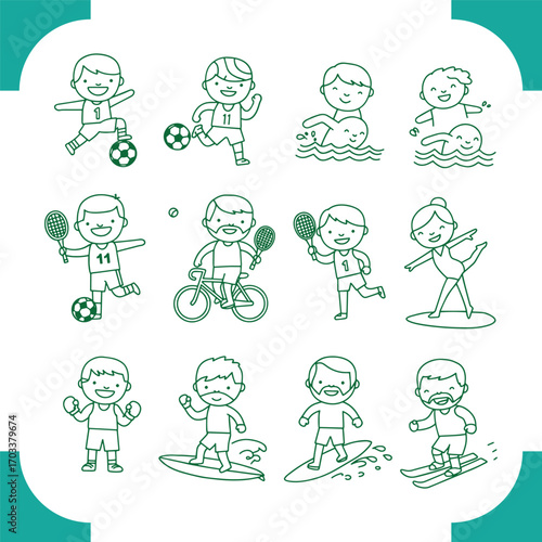Collection of cartoon children engaged in various sports and recreational activities.