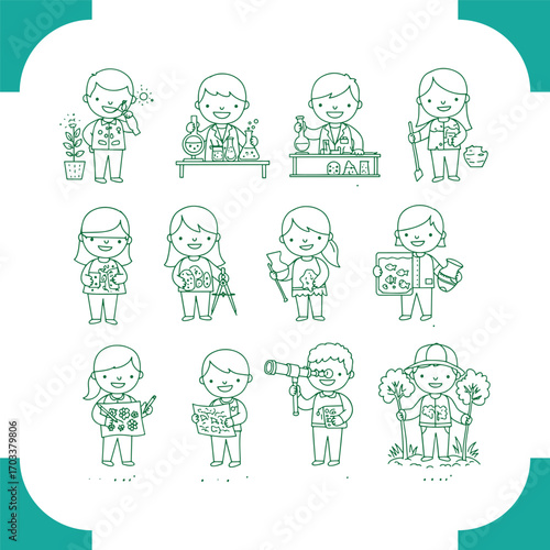 Collection of Children Exploring Science and Nature in Line Art.