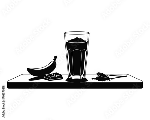 Black and white illustration of a tall glass filled with dark liquid and powder next to a banana and a small box