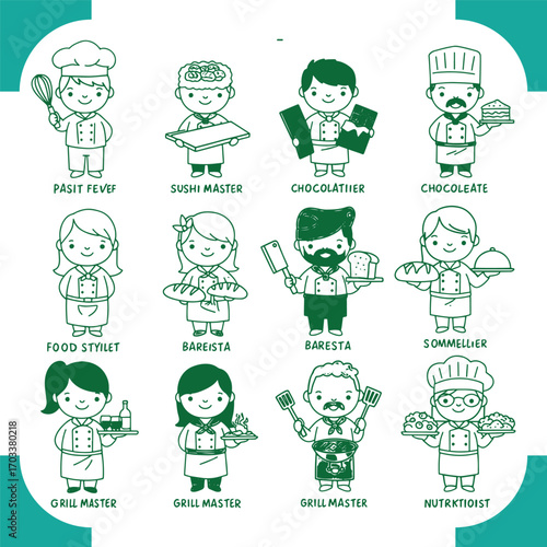 Collection of Cute Cartoon Chefs and Food Professionals in Uniforms.