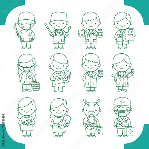 Collection of Cute Doctor and Nurse Cartoon Characters in Various Poses.