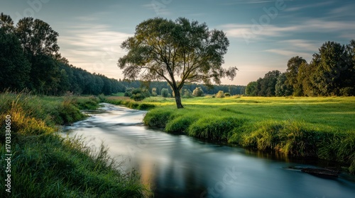 Serene meadow stream scene