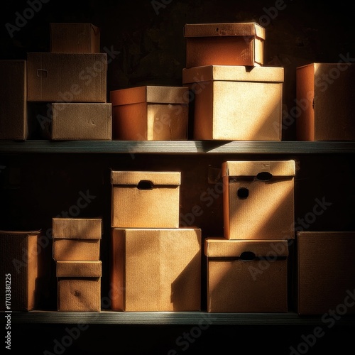 Sunlit cardboard boxes stacked on two shelves in a dark room, creating a dramatic chiaroscuro effect