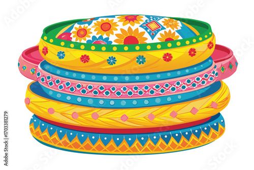 Stack of Brightly Colored Decorative Bangles with Floral Patterns bracelets colorful