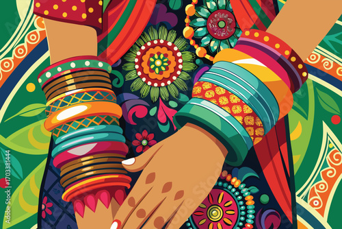 Vibrant Indian Attire with Detailed Bangles and Floral Motifs clothing fabric