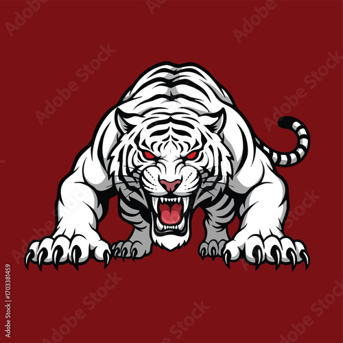 Fierce White Tiger Mascot with Glowing Red Eyes in an Aggressive Crouching Pose for a Sports Team