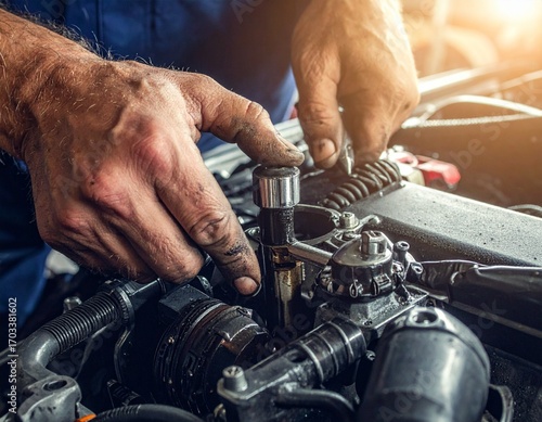Close-up of greasy hands working on engine parts under warm lighting