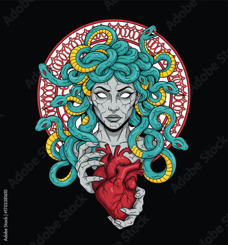 Dark Fantasy Illustration of the Greek Mythological Gorgon Medusa with Snake Hair Holding a Human Heart