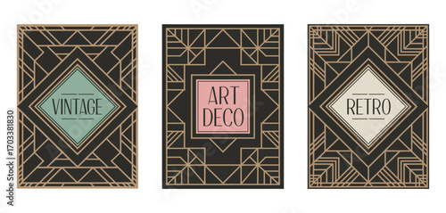 Art Deco Vintage Frame Set – Retro Geometric Outline Decorations on Dark Background, Linear Colored Elements, EPS10 Vector for Elegant Black Cards, Invitations, and Packaging Design