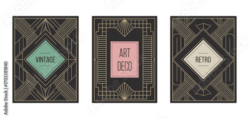 Art Deco Vintage Frame Set – Retro Geometric Outline Decorations on Dark Background, Linear Colored Elements, EPS10 Vector for Elegant Black Cards, Invitations, and Packaging Design