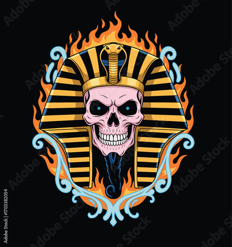 Undead Egyptian Pharaoh Skull with a Cobra Headdress and Glowing Eyes Surrounded by Mystical Flames