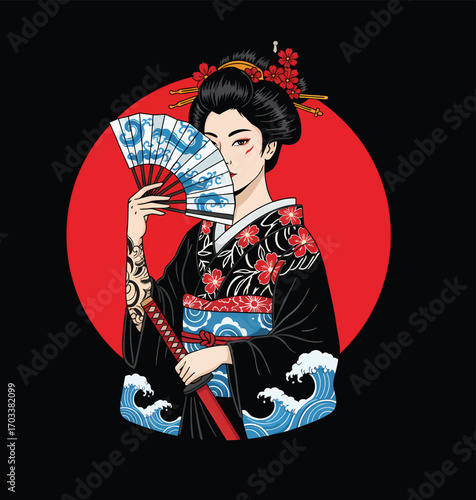 Beautiful Japanese Geisha Warrior in a Traditional Kimono Holding a Katana Sword and Fan with a Modern Tattoo