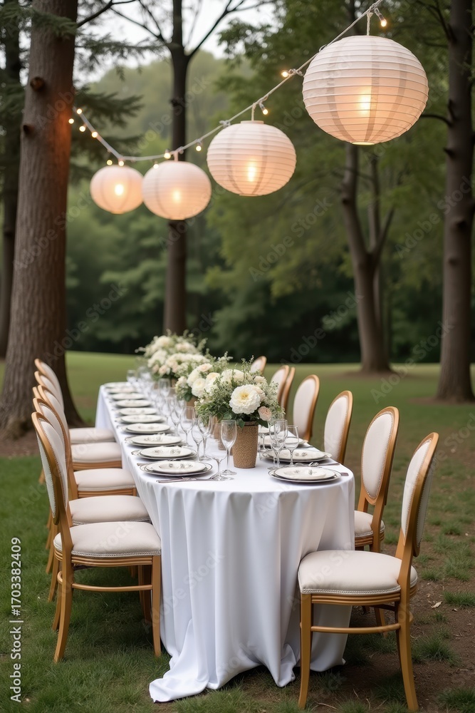 Fototapeta premium A wedding table set outdoors with elegant plates and glassware, surrounded by tall trees and hanging paper lanterns. The ground is covered with soft grass