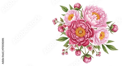 A charming bouquet of vibrant pink and mauve peonies, detailed botanical illustrations, arranged in a decorative corner composition, with soft color palettes and lush greenery.