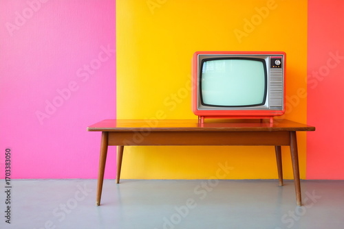 A retro television sits on a wooden table against bright pink and yellow walls, creating a vibrant aesthetic in the room.
