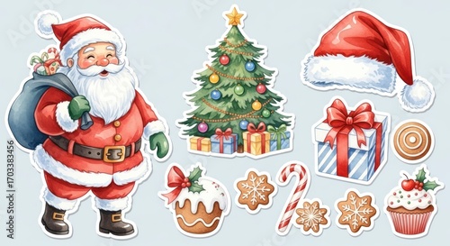 Christmas-themed artwork collection featuring a cheerful Santa Claus, a decorated Christmas tree, gifts, and festive treats, all in a vibrant watercolor style.