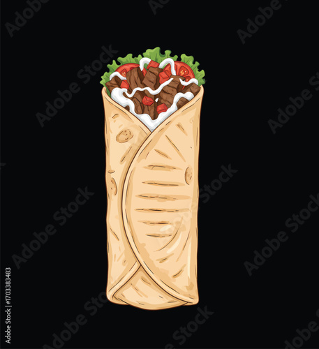 Detailed Hand-Drawn Shawarma Kebab Wrap Vector Illustration for Restaurant Menus and Fast Food Branding